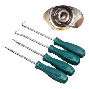 May include: Set of four metal pick and hook tools with green handles. The tools have different angled tips for various uses. An inset image shows one of the tools in use. The tools are designed for automotive or mechanical work.