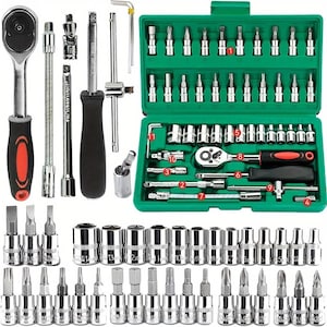 May include: A complete mechanic's tool kit with various sockets, bits, and ratchets. The set includes a green plastic case with multiple compartments, and a range of silver tools with black and red handles. Suitable for automotive repair and general maintenance.