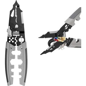 Könnte beinhalten: Ein schwarzes und graues Multitool-Abisolierzange mit verschiedenen Schneid- und Abisolierfunktionen. Das Werkzeug wird geschlossen und geöffnet gezeigt, wobei ein Kabel abisoliert wird. Das Werkzeug hat graue Griffe und einen Federmechanismus.