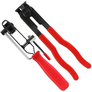 May include: Two automotive tools with black metal components and red handles. One tool is a set of pliers, and the other has a red handle and a silver metal frame. The tools are designed for automotive repair and maintenance.