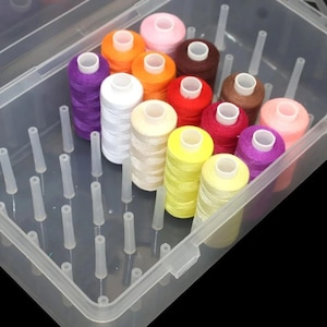 Op de afbeelding: Een doorzichtige plastic opbergdoos met meerdere klossen naaigaren in diverse kleuren, waaronder paars, wit, oranje, geel, rood, bruin en roze. De container is voorzien van rechtopstaande pinnen om elke klos afzonderlijk en stevig vast te houden.