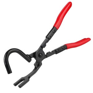 May include: A black and red automotive tool with a curved end and a forked end. The tool has red handles and a black body. The tool is designed for removing or installing retaining rings.