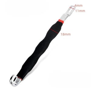 May include: A black and silver tool with a curved end and a black, textured handle. The tool has a red accent near the handle and measures 18mm in length. The silver end measures 4mm by 11mm. The tool is designed for a specific purpose.