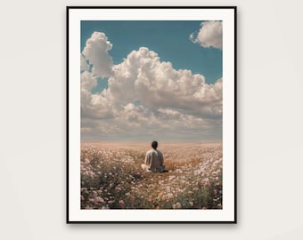 Zen Meditation Poster | Man in Flower Field, Calm Landscape (Digital Download)