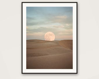 Moon on the Dunes Art Print | Surreal Desert Landscape, Pastel Sky (Digital Download)