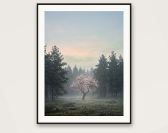 Blossom Tree in the Pines Art Print | Misty Forest Landscape (Digital Download)