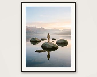 Surreal Floating Stones Lake Art | Zen Mountain Landscape (Digital Download)