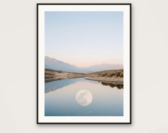 Moon in the Lake Art Print | Surreal Alpine Reflection, Blue Hour (Digital Download)