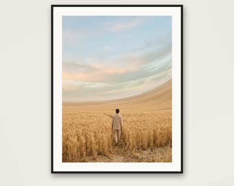 Surreal Wheat Field Art | Golden Horizon, Lone Figure Landscape (Digital Download)