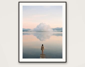 Surreal Cloud on Lake Art Print | Lone Figure on Jetty (Digital Download)