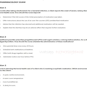 Op de afbeelding: Een farmacologie-examen met meerkeuzevragen. Het examen behandelt onderwerpen als bacteriële infecties, bijwerkingen van medicijnen en patiëntenzorg. De tekst "HESI PHARMACOLOGY EXAM" staat bovenaan. De afbeelding bevat ook een telefoonnummer.
