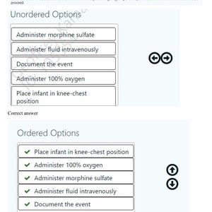 Può includere: Un grafico educativo medico con il testo "Domanda 2" e istruzioni per un'infermiera. L'immagine presenta opzioni non ordinate e ordinate per il trattamento di un neonato con una cardiopatia congenita.