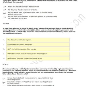 Puede incluir: Una captura de pantalla de un examen médico con preguntas de opción múltiple. Las preguntas cubren temas como asesoramiento en salud mental, cuidados postoperatorios e intervenciones quirúrgicas. El texto incluye opciones para las acciones de la enfermera.
