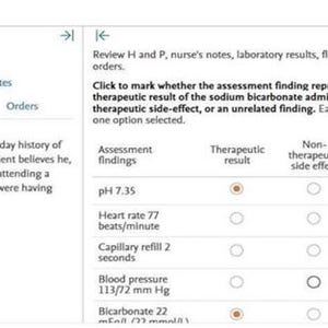 May include: A digital screenshot of a medical assessment question. The question asks to identify therapeutic results, side effects, or unrelated findings. The patient data includes a 24-year-old with vomiting and diarrhea.