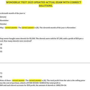 May include: A document with the title "WONDERLIC TEST 2025 UPDATED ACTUAL EXAM WITH CORRECT SOLUTIONS." The document contains multiple-choice questions with answers. The questions cover topics such as the months of the year and profit calculations.
