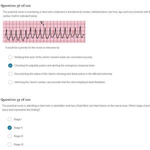 May include: A digital nursing examination screen displaying two multiple-choice questions. Question 56 features an electrocardiogram strip labeled V4 with a selected answer. Question 57 asks about pressure injury staging with Stage II selected.