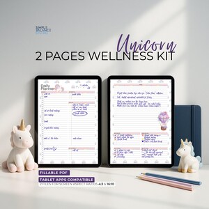 Peut inclure: Deux tablettes numériques affichant un planificateur quotidien et un kit de bien-être, avec des notes manuscrites. Le texte "Unicorn 2 Pages Wellness Kit" est visible. Deux figurines de licorne et des crayons de couleur sont également présents. Le texte "Fillable PDF" et "Tablet Apps Compatible" sont également visibles.