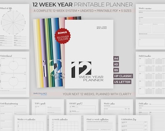 12 Week Year Planner Printable, Goal Planner, Goal Tracker, A5 Planner Inserts, Habit Tracker.