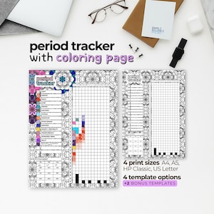 Peut inclure: Deux pages de suivi des règles avec des motifs floraux. La page de gauche comporte une section codée par couleur pour le suivi des symptômes. Le texte indique "period tracker with coloring page". La page de droite est un suivi vierge. Le texte indique également "4 print sizes A4, A5, HP Classic, US Letter".