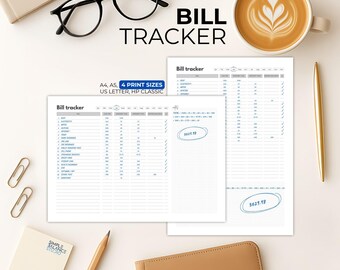Plantilla imprimible para el seguimiento de facturas / Página para pagos mensuales, presupuesto y fechas de vencimiento / A4, A5, Carta (EE. UU.), HP Classic