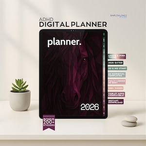 May include: A digital planner for ADHD, featuring a dark magenta horse illustration on the cover. The planner includes the year 2026, bonus stickers, and is compatible with tablet apps. Additional features include a green and pink theme, 600+ pages, and instant download.