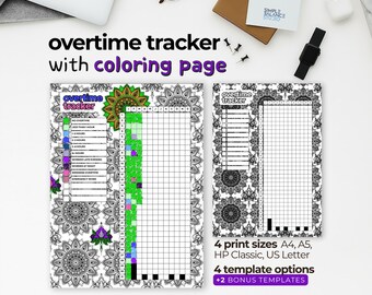 Printable Overtime Tracker | Bullet Journal with Coloring Pages and Blank Versions, Pre-Filled & Blank Index
