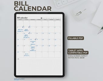 Bill Calendar Digital, Monthly Bill Payment Tracker, Planner for iPad and Android Tablets