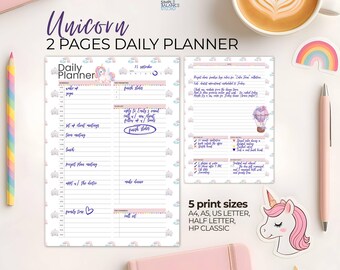 Planificador diario imprimible / 2 páginas con horario por horas y lista de tareas (A4, A5, media carta, HP Classic)