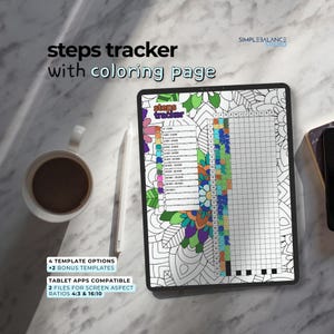 Puede incluir: Un rastreador de pasos digital con un diseño de página para colorear. La tableta muestra un rastreador de pasos colorido con patrones florales y geométricos. El texto en la tableta dice "steps tracker with coloring page".