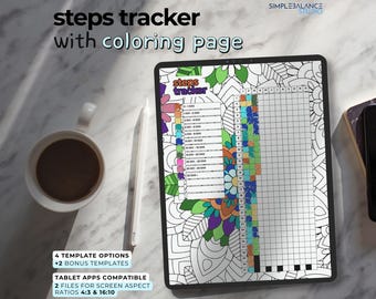 Digital Steps Tracker | 4 Templates with Coloring Pages and Blank Versions, Pre-Filled & Blank Index for iPad, Android Tablet PDF