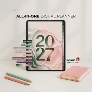 May include: A tablet displaying an all-in-one digital planner for 2027 with a green and pink abstract background. Text includes 2027 DATED, SU & MO START, 20 ESSENTIAL TEMPLATES, FULLY LINKED 38 000+, 550+ PAGES, TABLET APPS COMPATIBLE, and BONUS 200+ STICKERS.