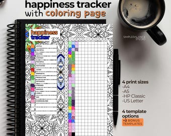 Printable Happiness Tracker | Bullet Journal with Coloring & Blank Pages | Planner Page, Happy Tracker, Daily Sheet, Mood Log