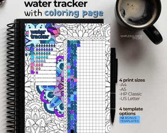 Printable Water Tracker | Bullet Journal with Coloring Pages and Blank Versions, Pre-Filled & Blank Index