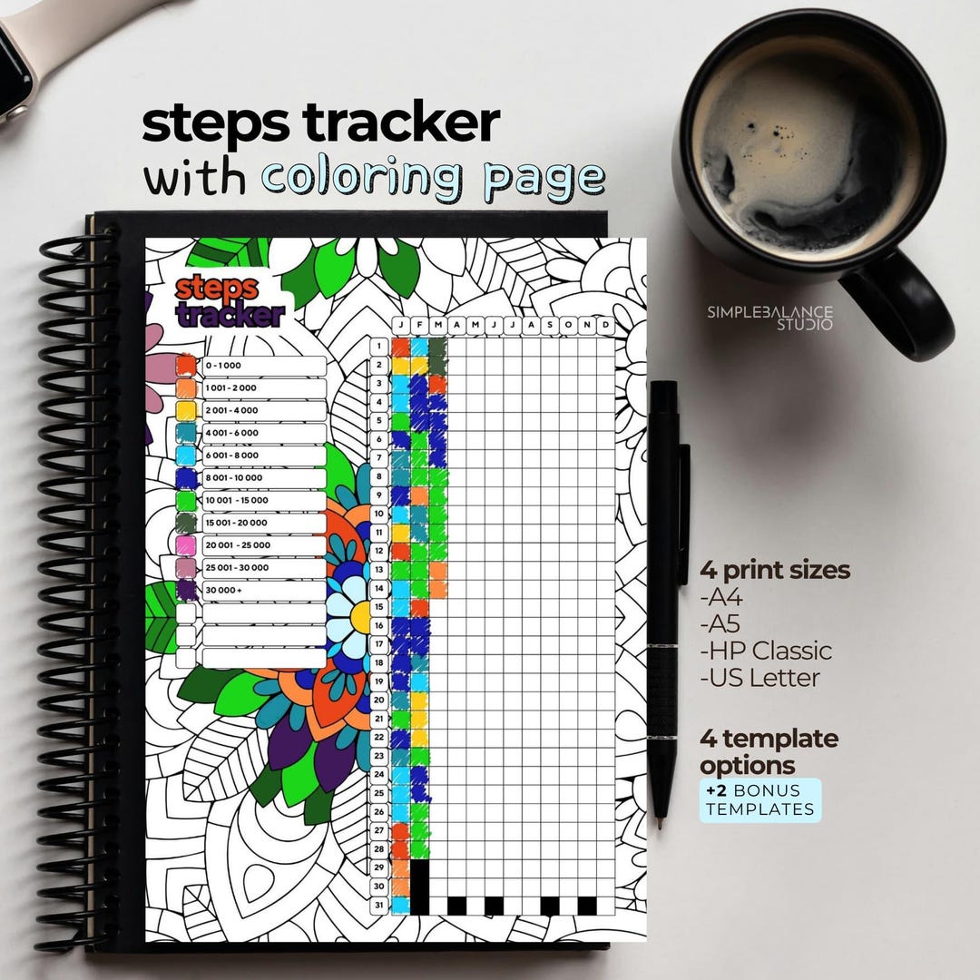 Steps Tracker Color In Printable Steps Tracker | 4 Templates With Coloring Pages and Blank ...
