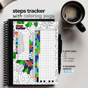 May include: A spiral-bound steps tracker with a coloring page. The cover features the text "steps tracker with coloring page." The interior includes a step tracker with a floral design and a grid for tracking steps. The image also includes a black pen and a cup of coffee.