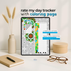 May include: A digital tablet displaying a "rate my day" tracker with a coloring page design. The screen shows a grid, stars, and floral patterns. Text on the screen indicates template options and tablet app compatibility. A notebook, pen, glasses, and a vase with decorative stems are also visible.