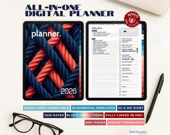 2026 Digital Planner | Hyperlinked Journal with Stickers (iPad, Android, Windows)