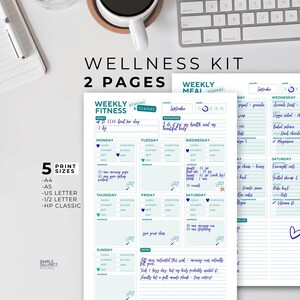 May include: A white and light blue wellness kit with a weekly fitness planner and tracker. The planner includes sections for goals, motivation, and daily workout and meal plans. It is available in 5 print sizes, including A4, A5, US Letter, and HP Classic.