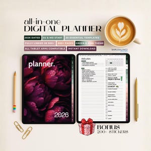 May include: Digital planner with a green and pink theme, featuring a floral cover and daily plan layout. Includes 20 essential templates, fully linked pages, and bonus stickers. The planner is compatible with all tablet apps and is dated for 2026.