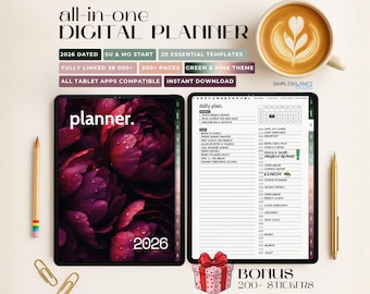 Agenda digital 2026 / Plantilla verde y rosa con fechas / Agenda todo en uno de más de 600 páginas / Kit de pegatinas GRATIS