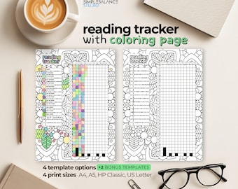 Printable Reading Tracker | 4 Journal Templates with Coloring Pages and Blank Versions, Pre-Filled and Blank Index