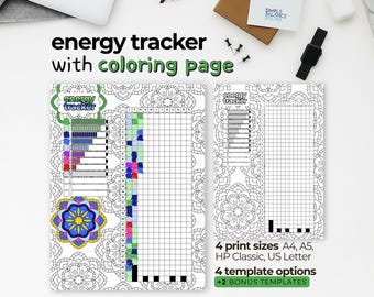 Printable Energy Tracker | Bullet Journal with Coloring Pages and Blank Versions | Daily Energy Level Log, Wellness Productivity Chart