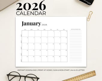 2026 Monthly Landscape Calendar | Notes Section, Sun/Mon Start (Digital Download)