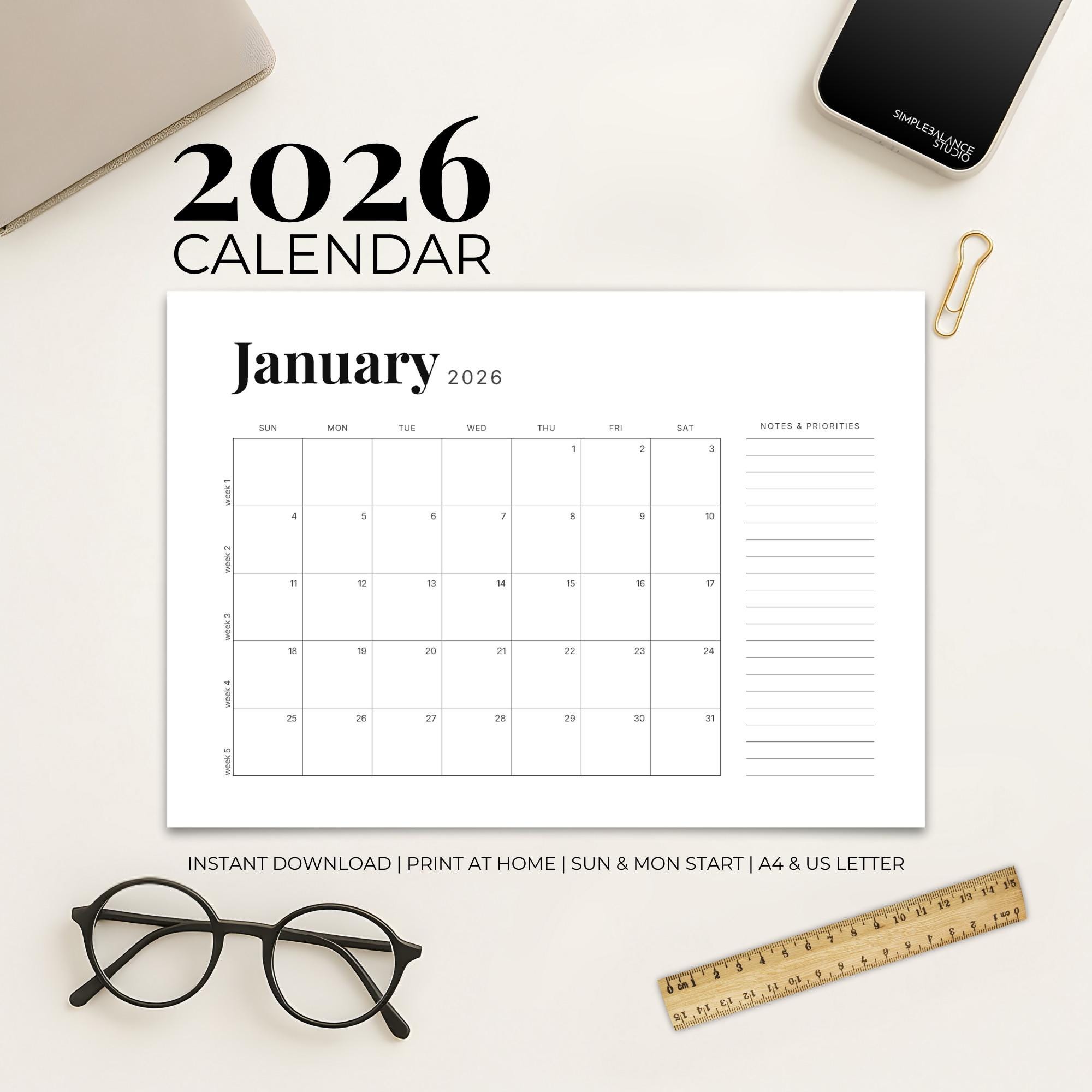 Printable Calendar 2026 | Monthly Wall Calendar Landscape | Calendar ...
