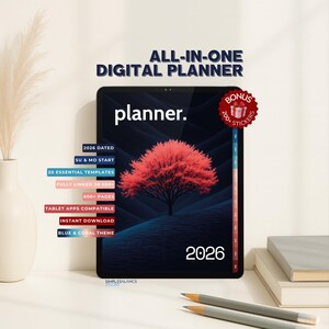 Op de afbeelding: Een digitale planner voor 2026 met een blauw en koraal thema. De planner heeft een rode boomafbeelding op een donkere achtergrond. Tekst bevat "ALL-IN-ONE DIGITAL PLANNER", "planner." en details over sjablonen en compatibiliteit.