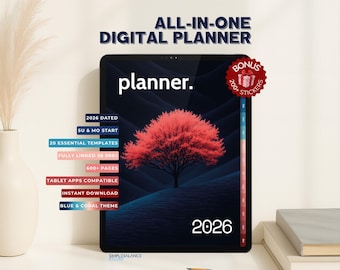 2026 Digital Planner | Blue Coral All-in-One Journal (600+ Pages, Sticker Kit)
