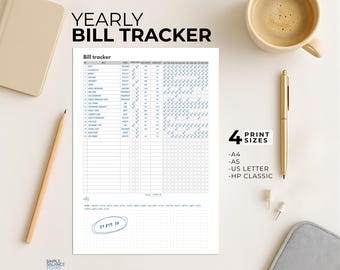 Bill Tracker, Printable Yearly Bill Organizer, Payment Log, Expense Checklist, Debt Tracker, 4 Sizes
