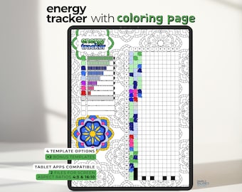 Digital Energy Tracker for iPad and Tablets | Bullet Journal with Coloring Pages and Blank Versions | Daily Energy Level Planner