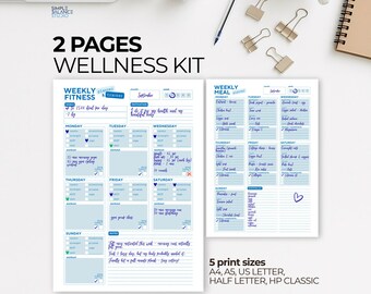 Agenda semanal azul para fitness y alimentación (A4, A5, Carta estadounidense, Media Carta, HP Classic)