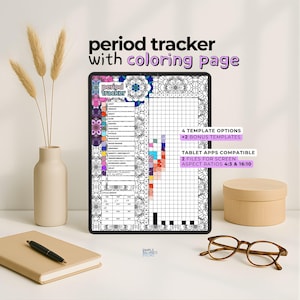Puede incluir: Un rastreador de período digital con un diseño de página para colorear, que se muestra en una tableta. La imagen incluye un cuaderno, un bolígrafo, gafas y un jarrón decorativo con plantas secas. El texto indica opciones de plantilla y compatibilidad.